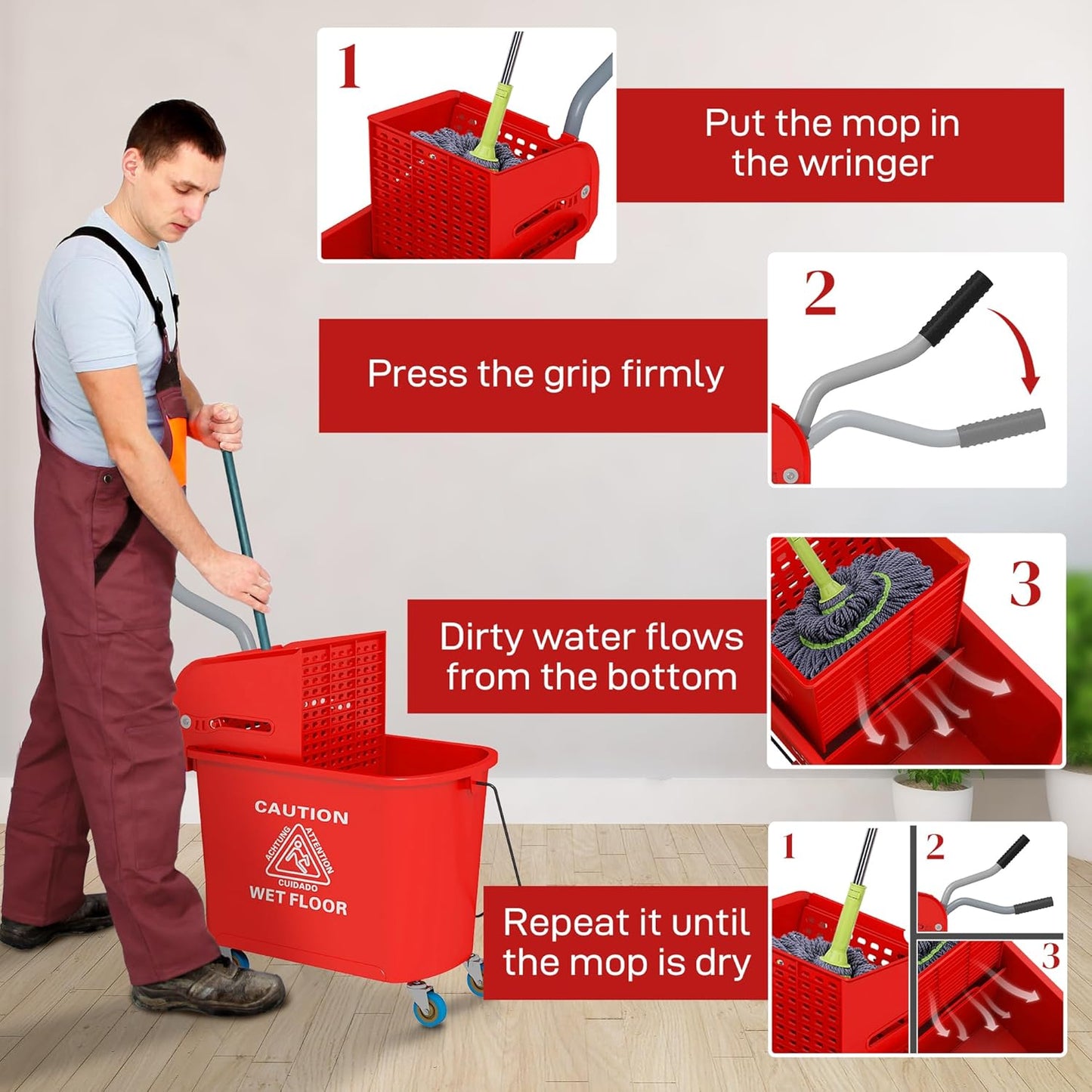 HOMCOM Compact Mop Bucket with Wringer on Wheels for Floor Cleaning, 21 Quart, Separate Dirty and Clean Water, for Home, Apartment, Red