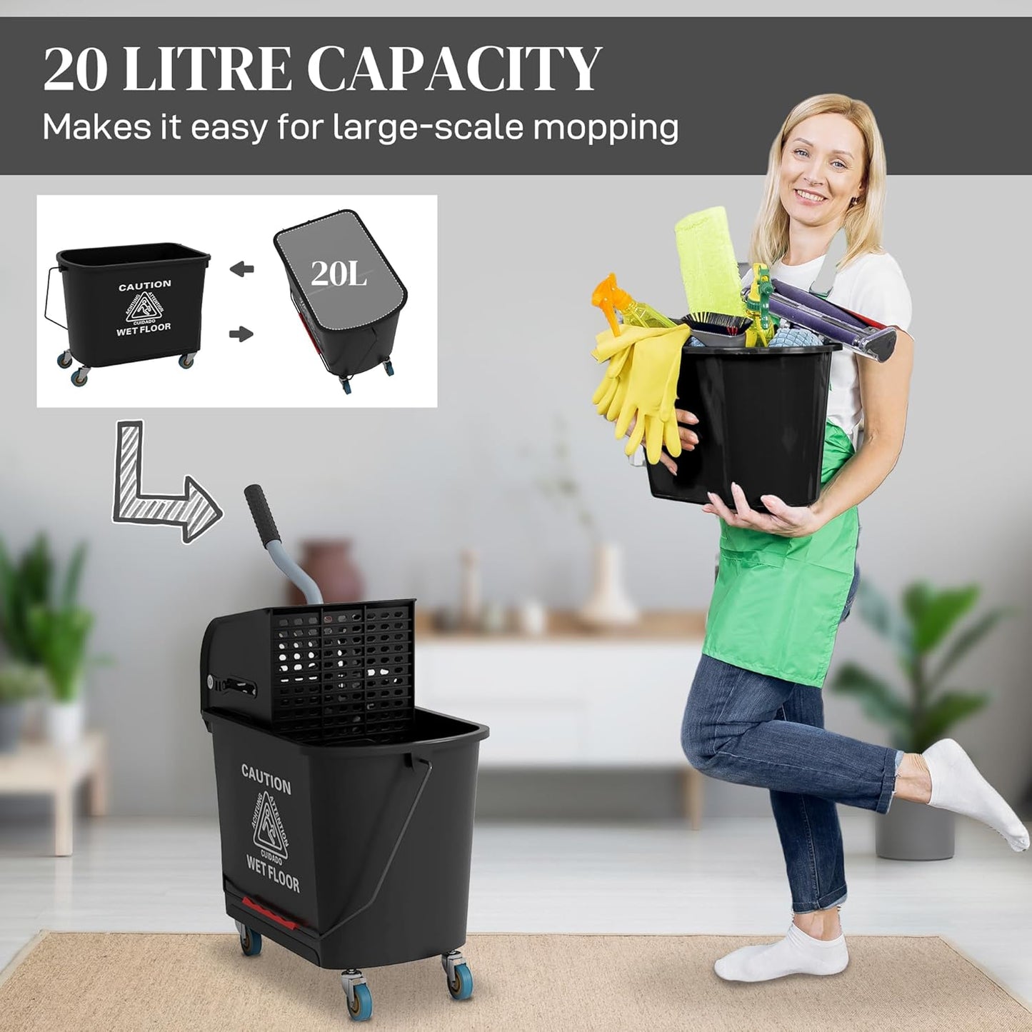 HOMCOM Compact Mop Bucket with Wringer on Wheels for Floor Cleaning, 21 Quart, Separate Dirty and Clean Water, for Home, Apartment, Black