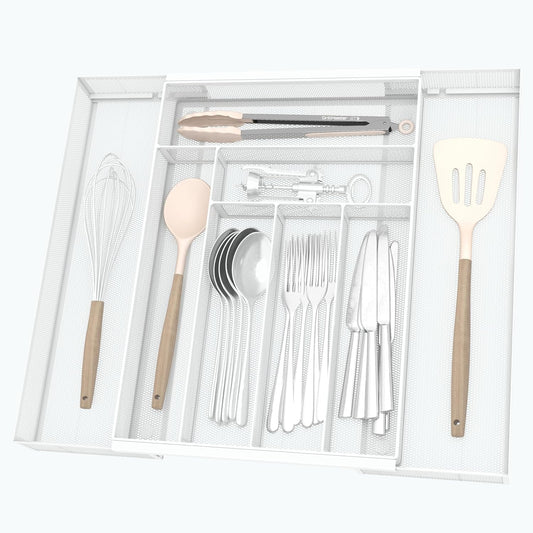 Silverware Organizer Metal Mesh, Large Drawer Organizer, Utensil Cutlery Tray for kitchen drawers, Expandable Flatware Organizer with 8 Compartment White 11.6"~20" x 17.3"