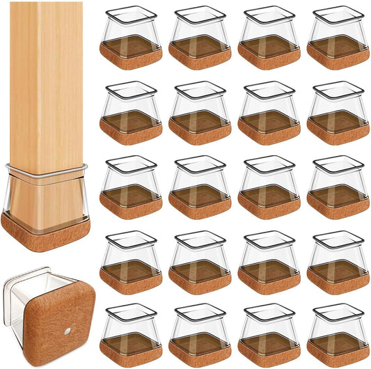 20 Pcs Chair Leg Floor Protectors for Hardwood Floors, Clear Rubber Furniture Sliders with Felt, Silicone Furniture Leg Caps Covers (Fit Square Diameter:13/16" to 1")