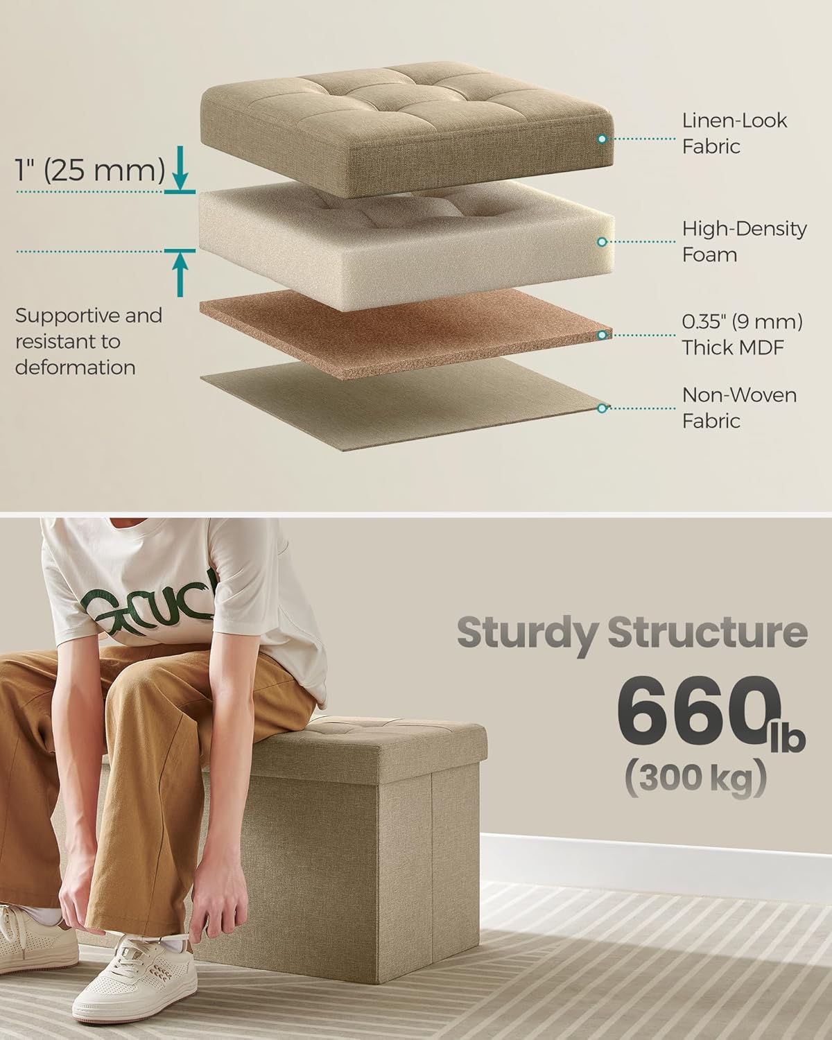 SONGMICS Mazie Collection - 30 Inches Storage Ottoman, Foldable Storage Bench with Flipping Lid, 660 lb Load Capacity, for Entryway, Living Room, Bedroom, Camel Brown ULSF046K01
