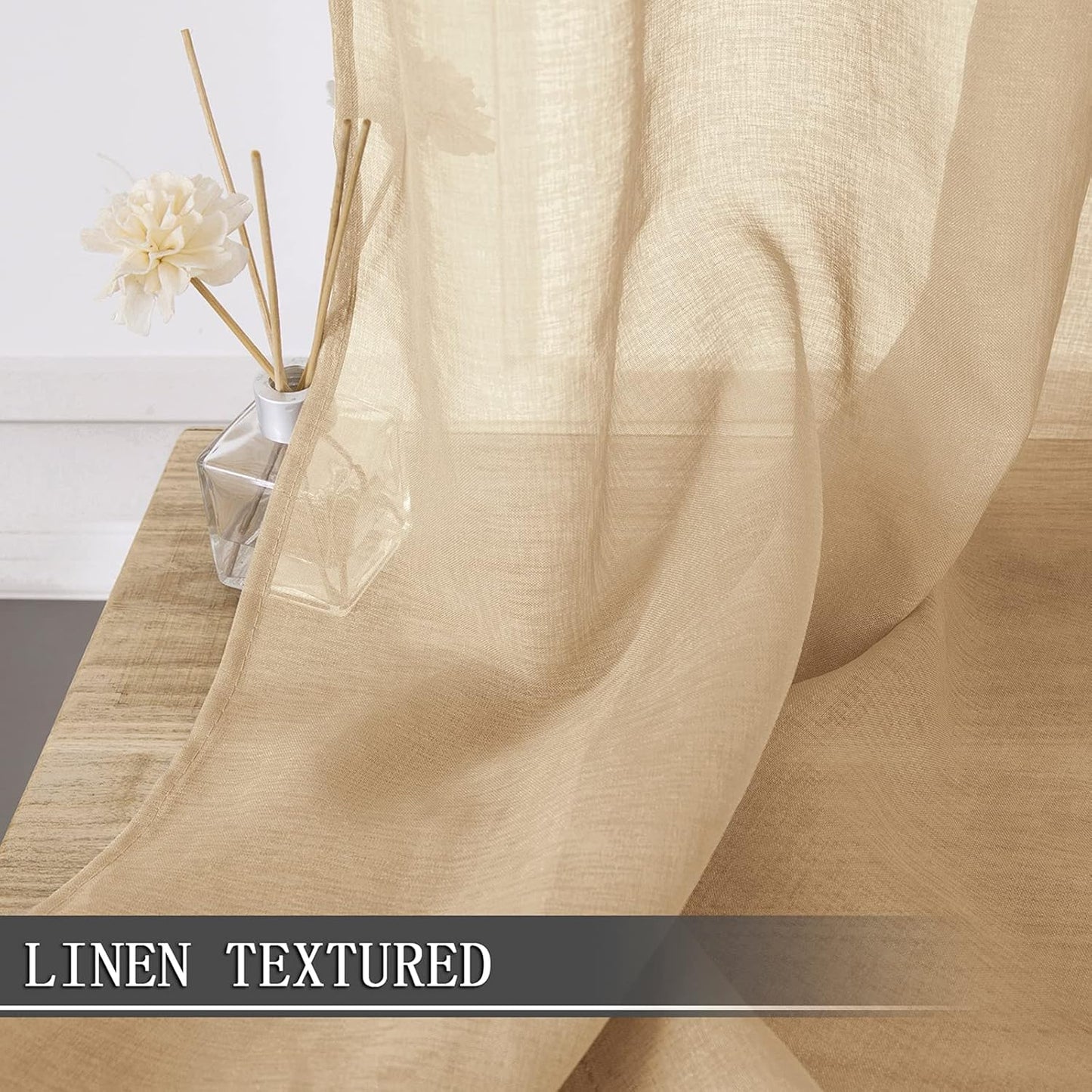Tollpiz Sheer Tier Curtain Linen Textured Half Kitchen Curtains Sheer Light Filtering Rod Pocket Voile Small Curtains for Bathroom, 25 x 36 inches Long, Beige, Set of 2 Panels