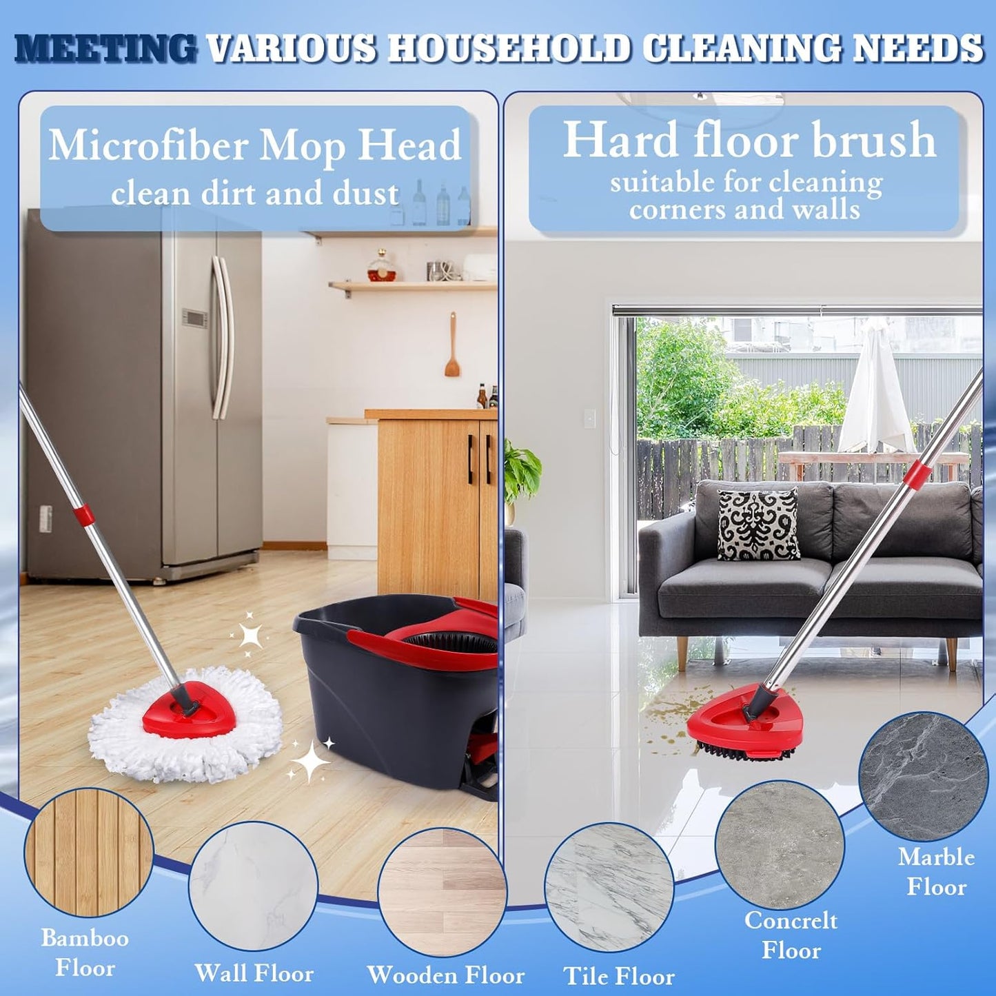 4 Packs Spin Mop Replacement Heads Compatible with Oceda EasyWring 1-Tank System, 30-58" Mop Handle,Scrub Brush and Base Combo Set,Mop Refills Easy to Replace and Cleaning (White,1-Tank)