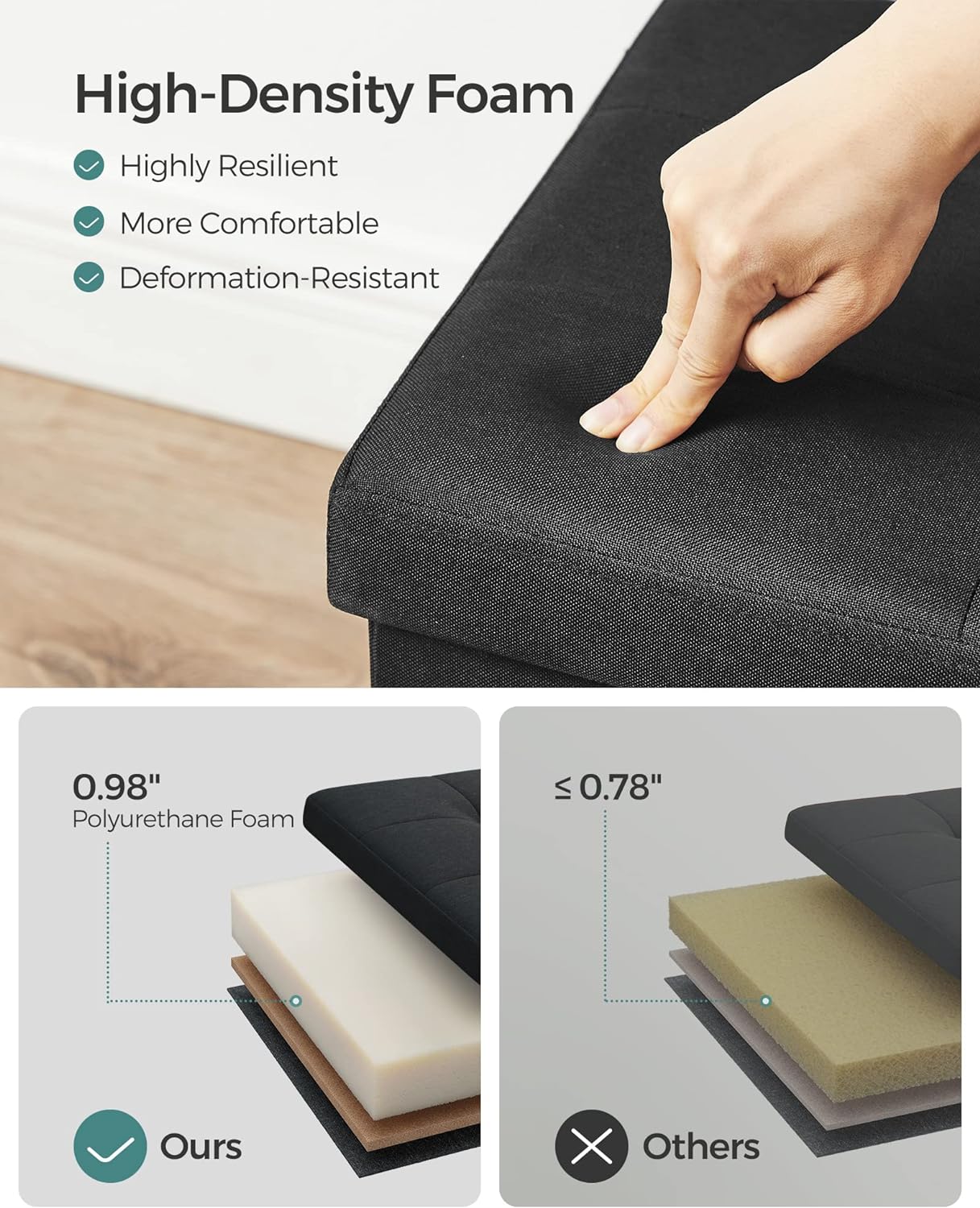 SONGMICS MAZIE Collection - 43 Inches Folding Storage Ottoman Bench, Ottoman Foot Rest, End of Bed Bench, Storage Chest, Load 660 lb, for Living Room, Bedroom, Entryway, Ink Black ULSF077B01