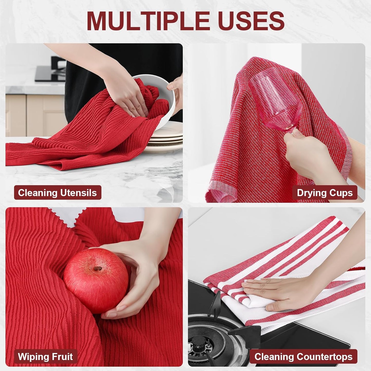 Homaxy Premium Kitchen Towels(18”x 28”, 9 Pack), Large Cotton 380 GSM Kitchen Hand Towels, Soft and Absorbent Terry Dish Towels, Multipurpose Tea Towel Set with Hanging Loop, Red