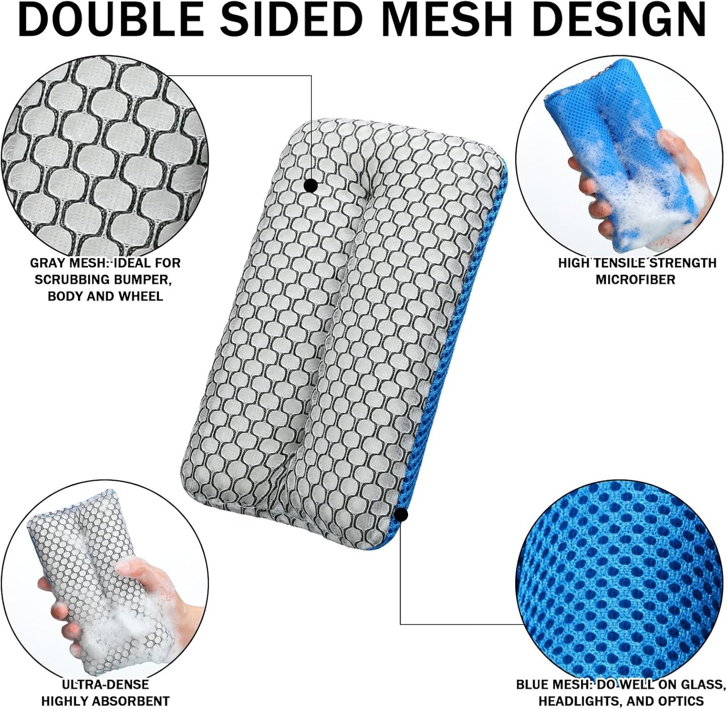 Two Sided Bug and Tar Sponge Microfiber Bug Scrubber Car Sponge for Washing Soft Mesh, Scratch Free for Car, Truck, SUV, RV, Boat, and Motorcycle(5 Pcs)
