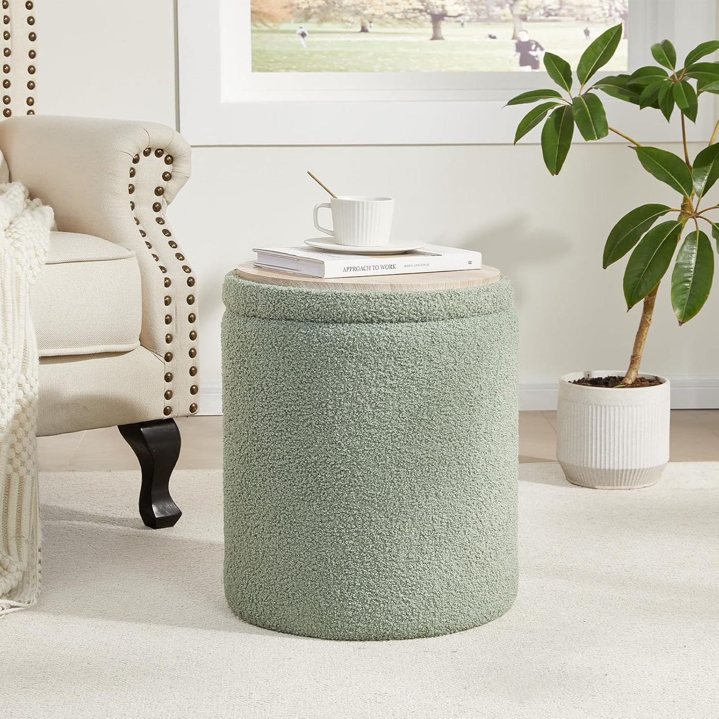 Boucle Round Ottoman with Storage Set of 2,Small Foot Stool Ottoman for Living Room,Small Coffee Table, Vanity Stool with Storage for Bedroom, Green