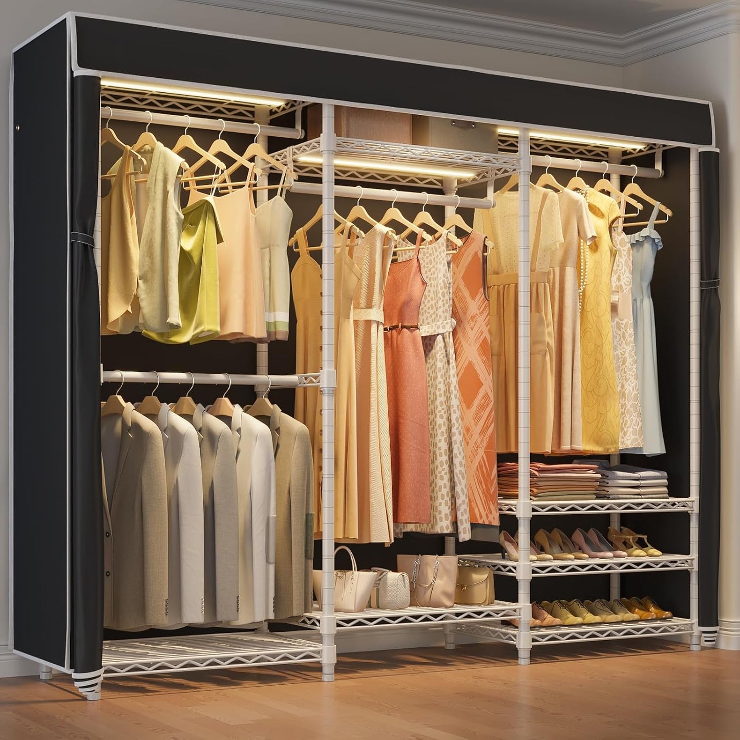 VIPEK V5LC Garment Rack Heavy Duty Covered Clothes Racks with Dimmable LED Light, 3000K Warm White, Portable Closet Wardrobe Freestanding Clothing Rack for Hanging Clothes, White Rack with Black Cover