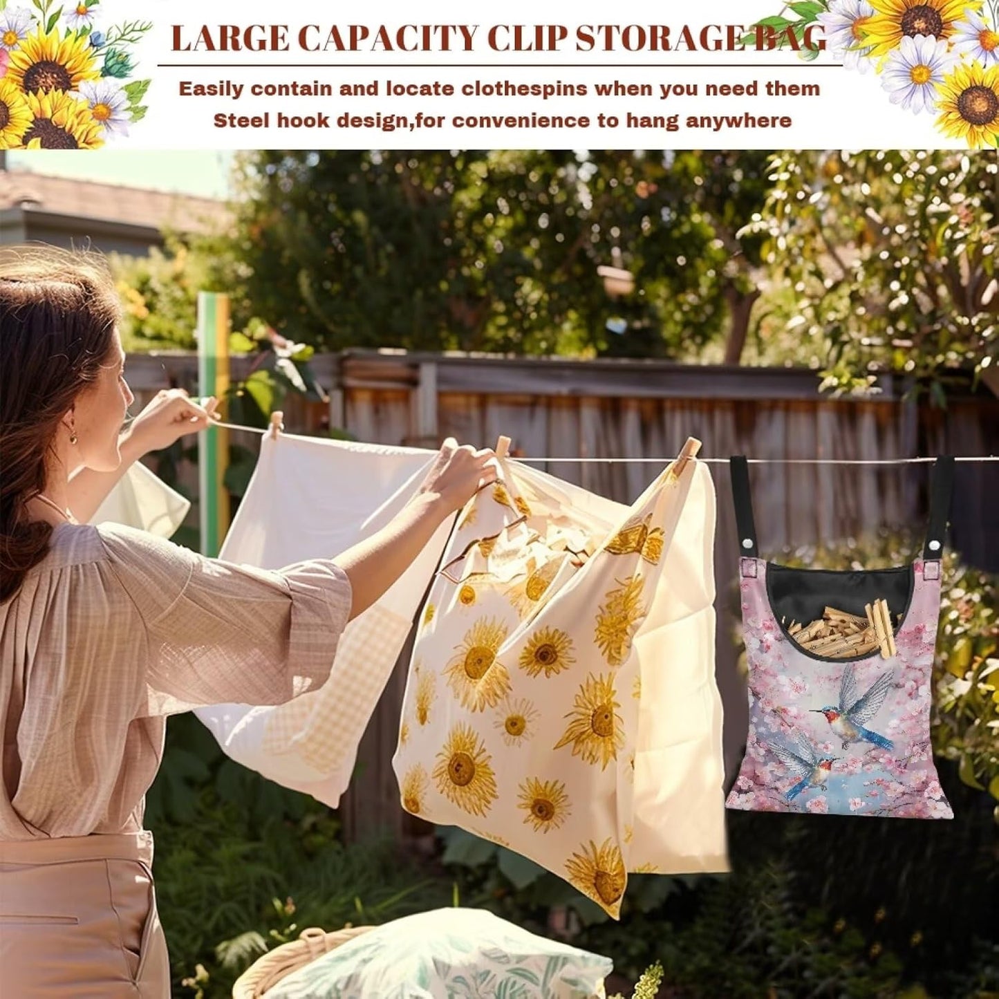 2 Pcs Pin Bag, Hummingbird Print Clothes Pin Hanging Bag Clothespin Storage Organizer with Large Opening Storage Organizer Space-Saving Laundry Hanging Bag