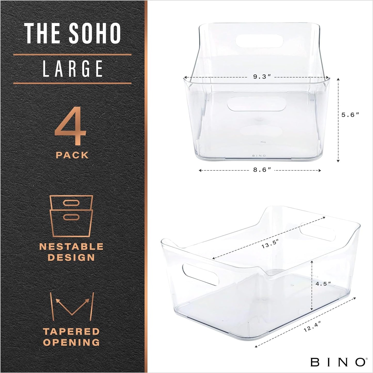 BINO | Plastic Organizer Bins, Large - 4 Pack | The SOHO Collection | Multi-Use | Pantry & Freezer Organizer Bins | Plastic Storage Containers for Home & Kitchen Org