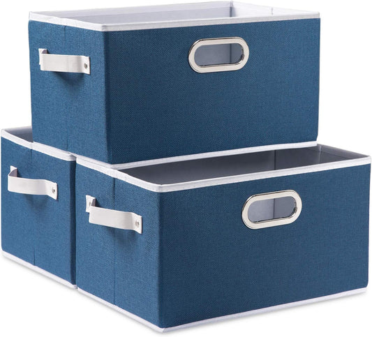 PRANDOM Large Collapsible Storage Baskets for Closet [3-pack] Decorative Fabric Storage Bins Cubes with Leather/Metal Handles for Shelves Bedroom Living Room Royal Blue (14.9x9.8x8.3 Inch)