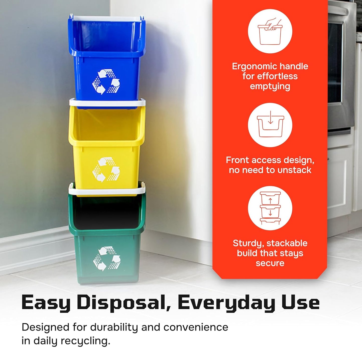 6 Gallon Stackable Recycling Bins for Homes, Garages, Offices Made of 100% Recycled Plastic - (Red, 3 Pack)