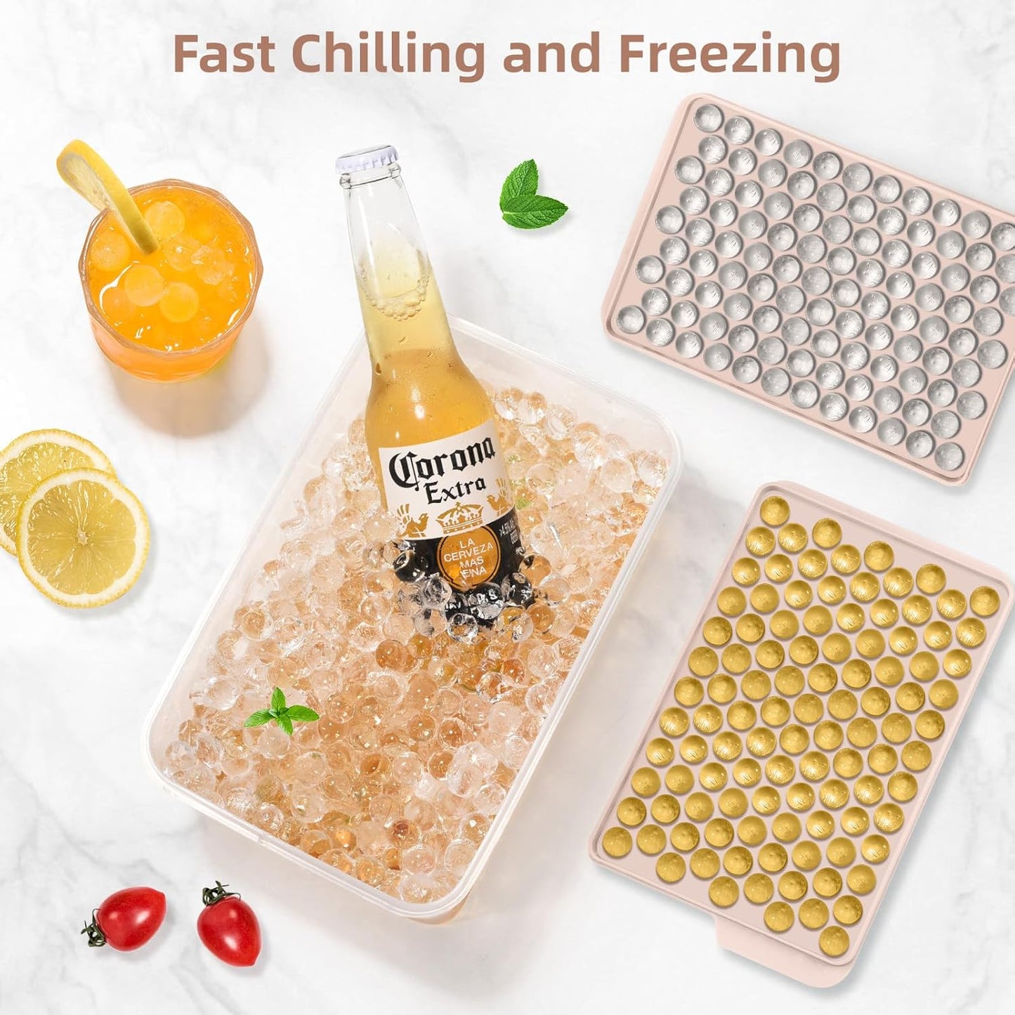 WIBIMEN Mini Ice Cube Trays, Small Tiny Round Pebble Crushed Nugget Ice Trays for Freezer with Lid - Chilling Drinks Coffee Juice(4 Pack/0.55In - Pink)