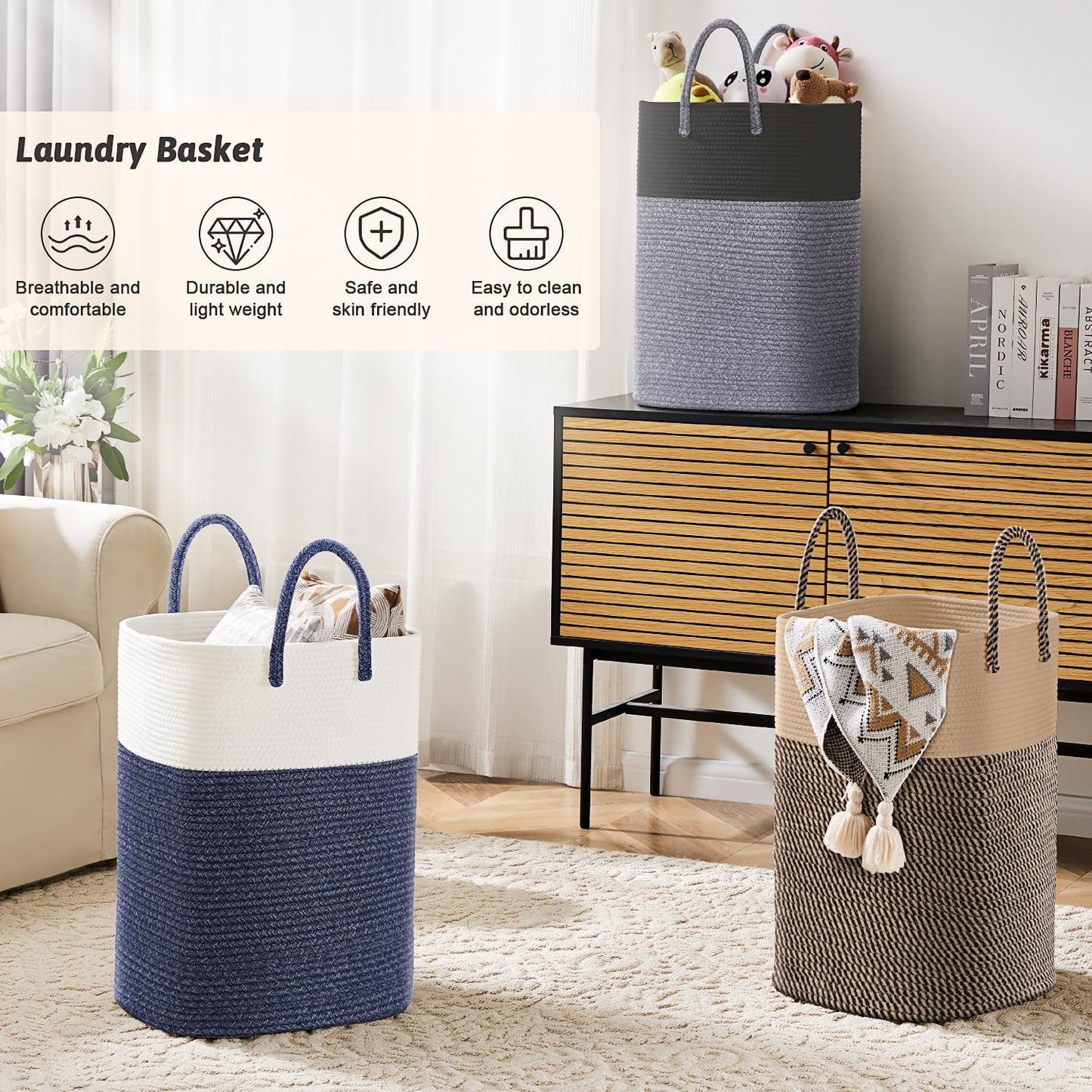 Laundry Basket,Woven Cotton Rope Laundry Hamper,Versatile Storage for Dirty Clothes,Baby Toys,and Blankets in Bathroom, Nursery,and Living Room (Black, 100L)