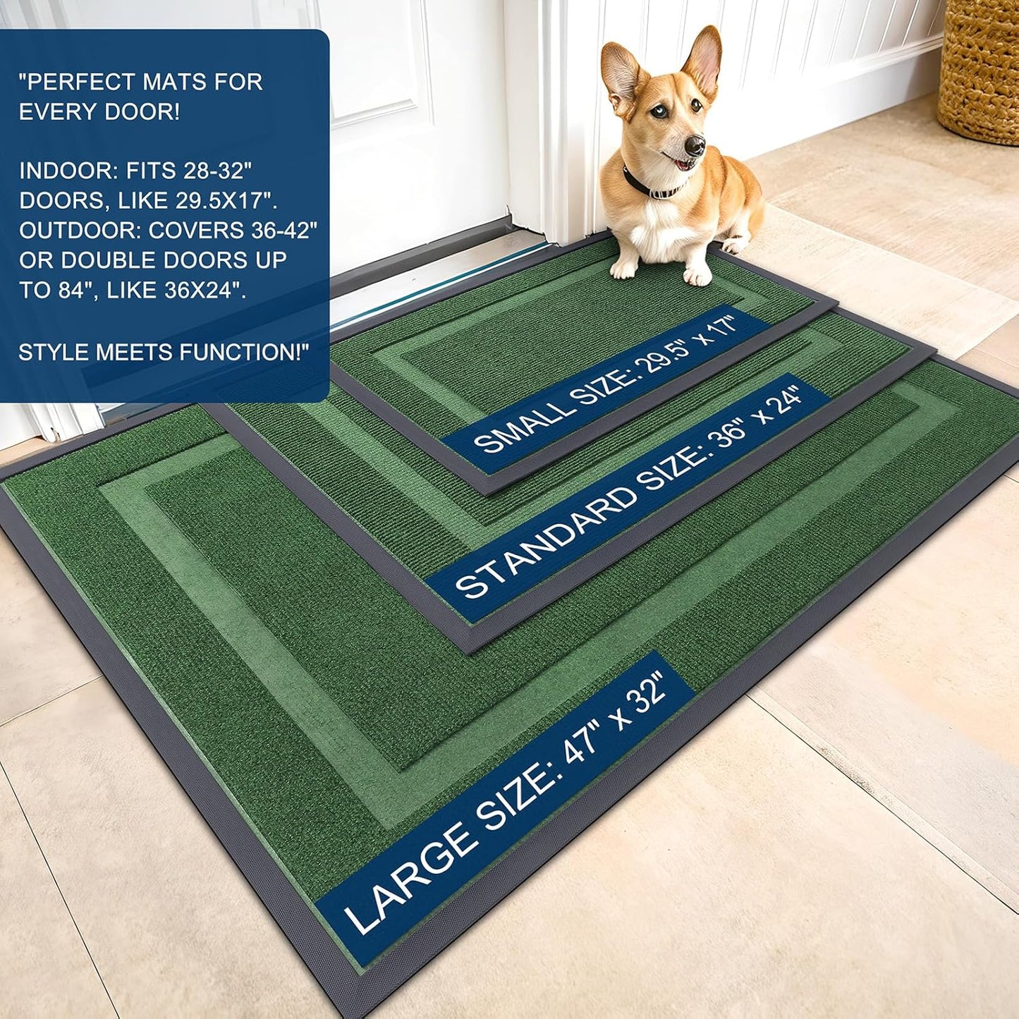 OLANLY Front Door Mat Indoor Outdoor Entrance, Waterproof All-Season, All-Weather Doormat, Sturdy Natural Rubber, Fade Resistant, Low Profile, Easy Clean Patio Porch Entryway Mat, 59x30, Green