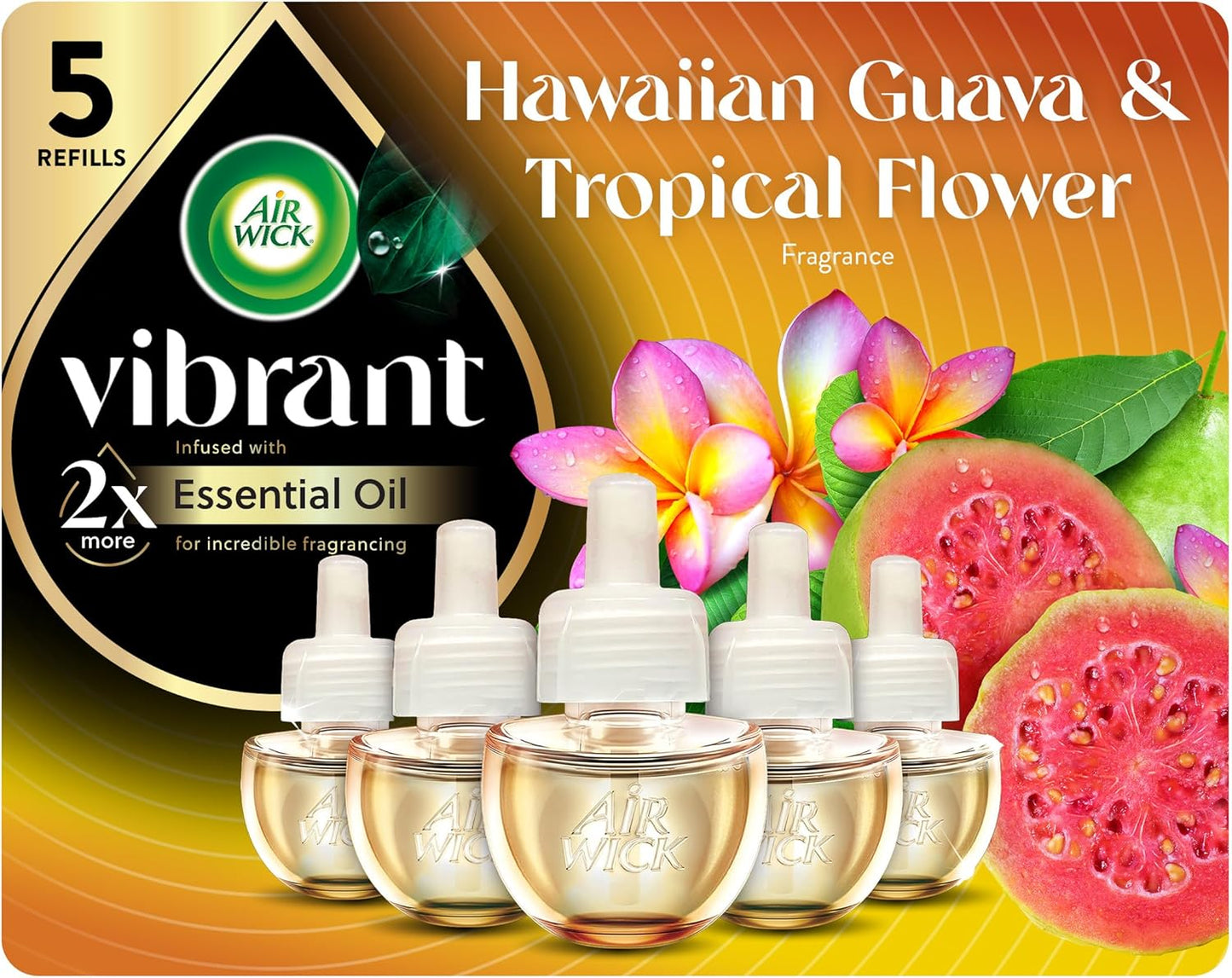 Air Wick Vibrant Plug in Scented Oil Refill, 5ct, Nectarine & Paradise Flower, Air Freshener, Essential Oils