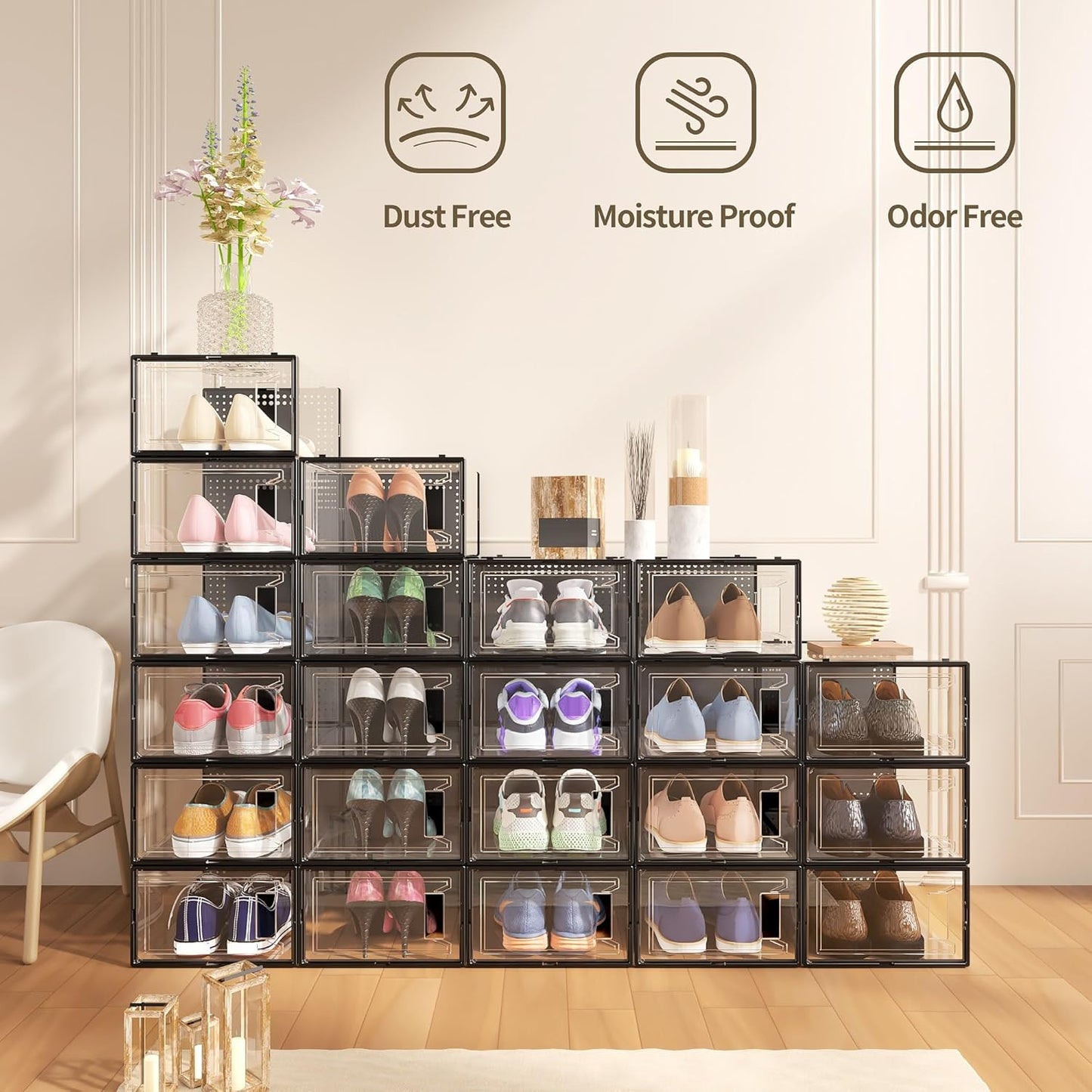 12 Pack Large Shoe Organizer Storage Boxes for Closet, Modular Space Saving Shoe Boxes Clear Plastic Stackable Sneaker Containers Display Case with Lids, Black05