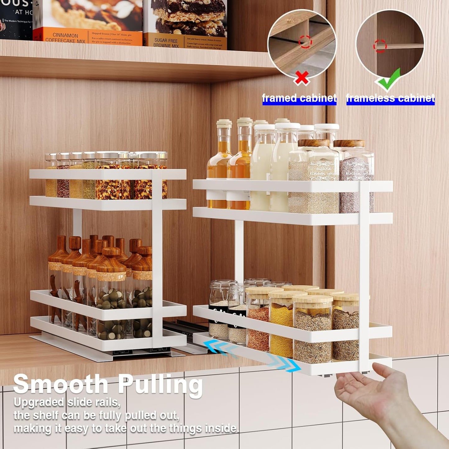 Pull Out Spice Rack Organizer for Cabinet, 2 Tier Metal Slide Out Seasoning Organizer and Storage Heavy Duty Vertical Spice Rack Shelf Pullout for Kitchen Cabinets No Drilling(1 Pack, White)