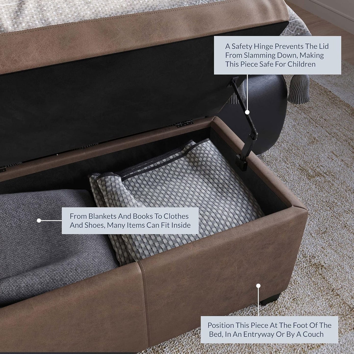 BELLEZE Storage Faux Leather Ottoman, 47 Inch Bench Bedroom Bench with Safety Close Hinge, Extra Long Ottoman with Storage for Living Room, Entryway, Foot Rest, Support 300lbs - Rustic Brown