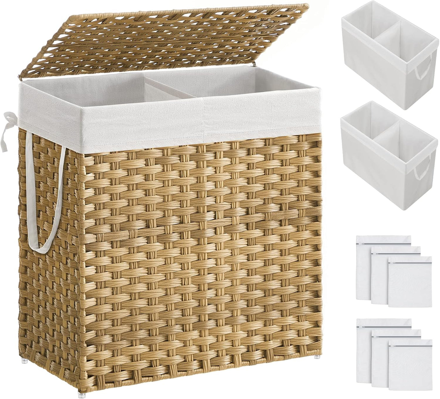 SONGMICS Laundry Hamper with Lid, 110L Clothes Hamper with 2 Removable Liner Bags, 6 Mesh Bags, Wicker Laundry Basket, Double Laundry Hamper for Bathroom, 13 x 22.4 x 23.6 Inches, Natural ULCB52NL