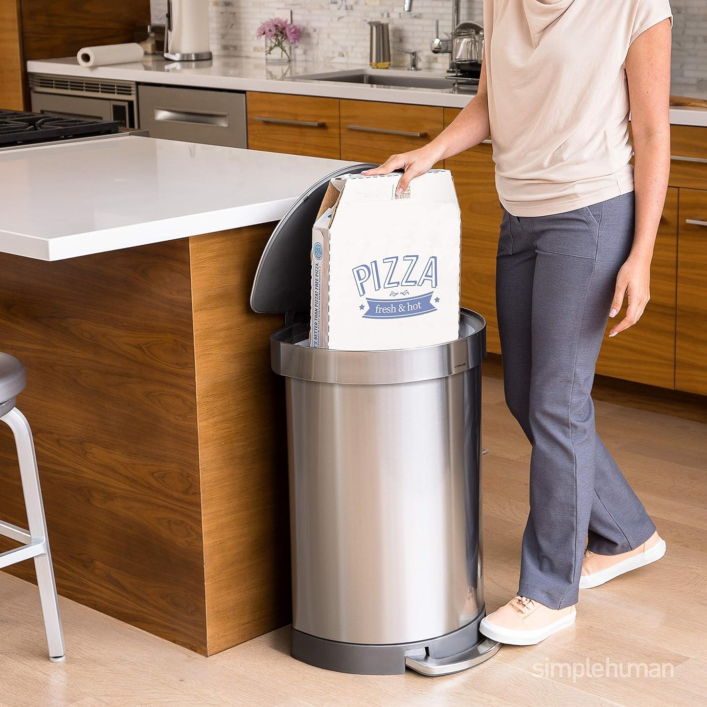 simplehuman 60 Liter Semi-Round Hands-Free Kitchen Step Stainless Steel Trash Can with Soft-Close Lid, Brushed