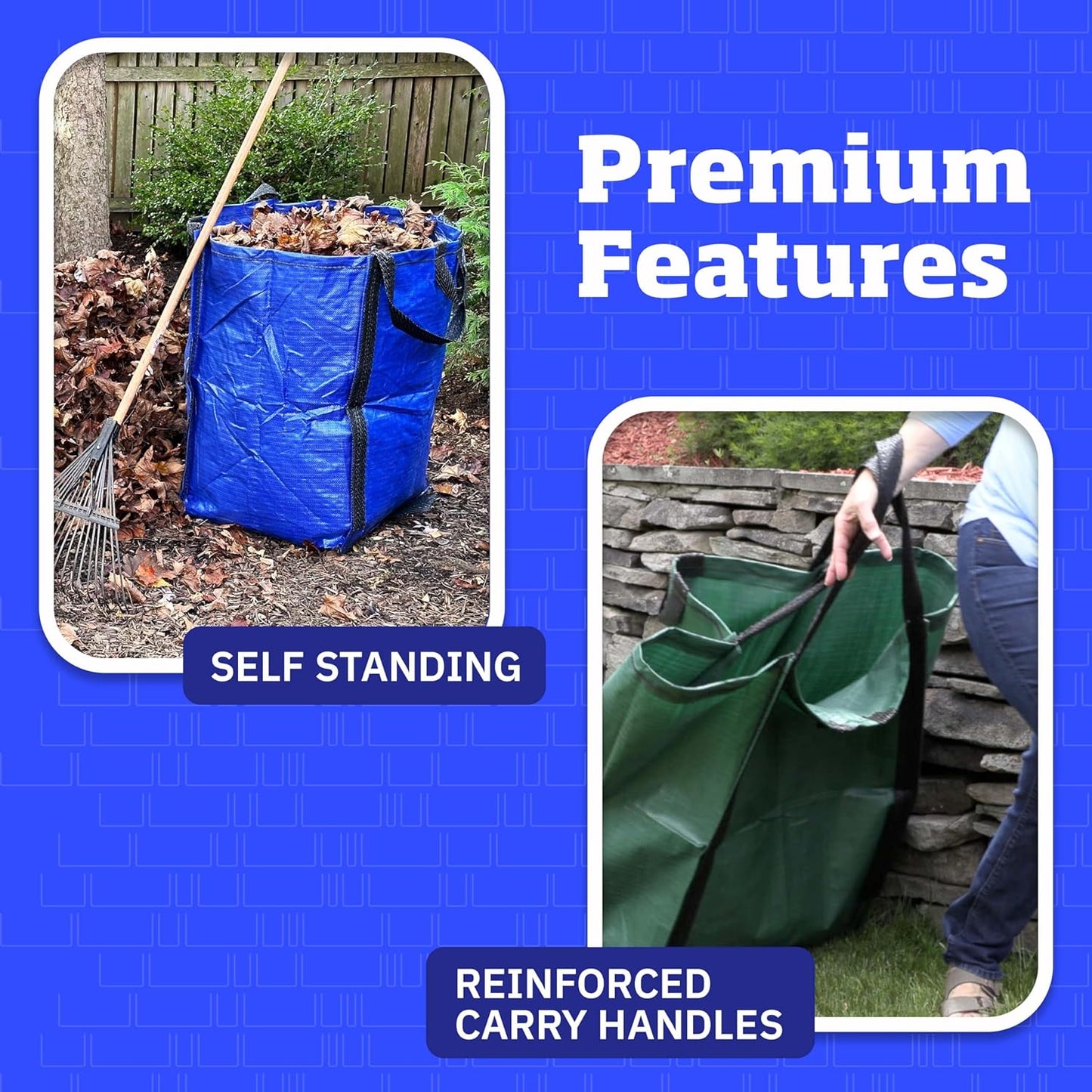 DURASACK Heavy Duty Home and Yard Bags 48-Gallon Reusable Self-Standing Lawn and Leaf Bags Garbage Can with Reinforced Handles, Multicolored, 3 Pack
