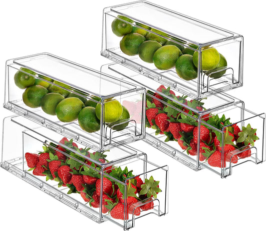 Sorbus Small Wide Clear Storage Drawers (4 Pack) – Stackable Pull-Out Storage Bins for Fridge, Pantry, and Cabinet Organization – Acrylic Drawer Organizers