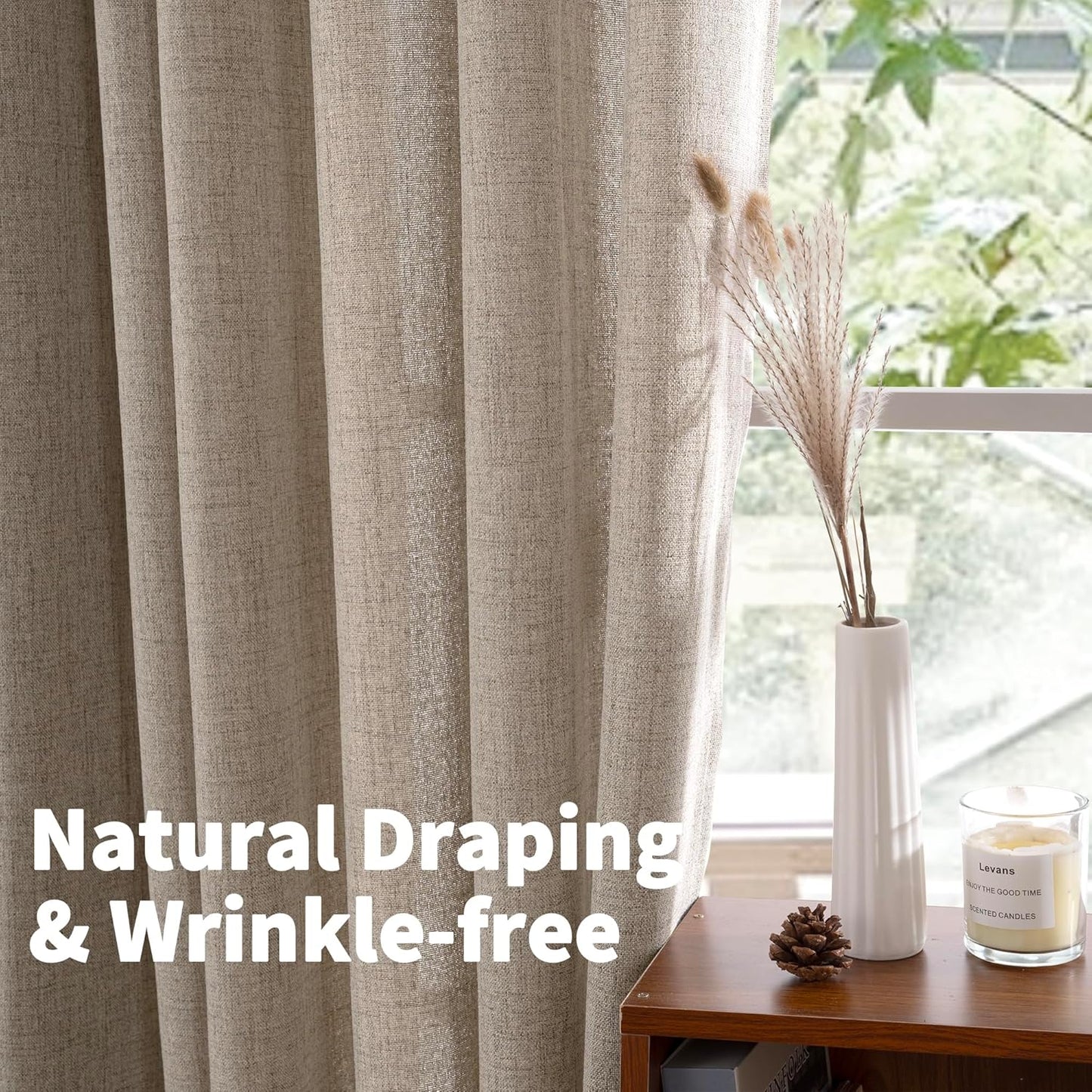 YoungsTex 90 Inch Length Linen Semi Sheer Curtains for Living Room, Dark Oatmeal Light Filtering Drapes with Rod Pocket Back Tab Textured Burlap for Bedroom, 52 X 90 Inch, 2 Panels