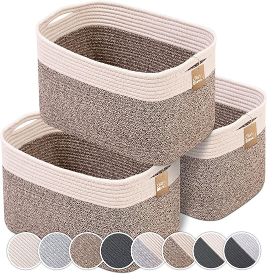 CHAT BLANC Cotton Rope Baskets for Organizing | 15”x10”x9” Storage Baskets for Shelves | Small Laundry Woven Baskets for Storage, Dog Toy Bin, Baby Basket,Off White&Brown 3 Pack