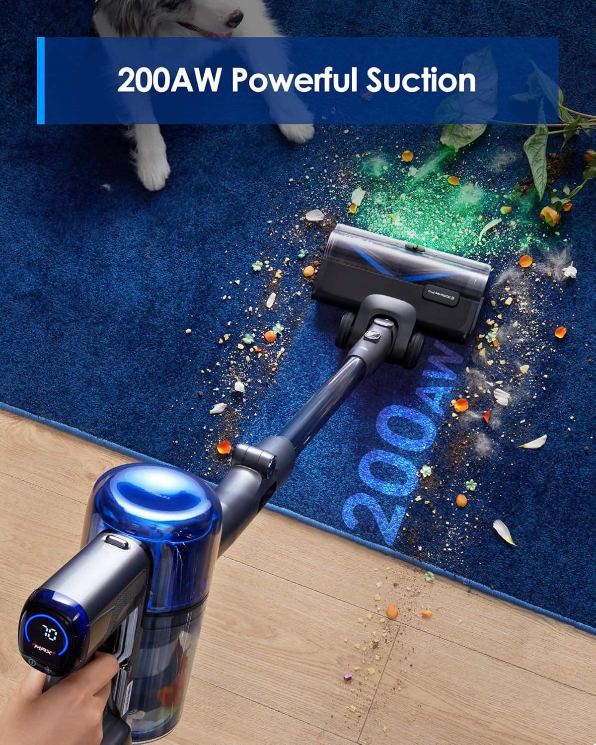 Tineco Pure ONE S70 Cordless Vacuum Cleaner, 200AW Powerful Suction, 3D Sense Pro Cleaning System, 6-Stage Filtration with 95min Runtime, Zero Tangle Brush with 180° Foldable Tube (Blue-Gray)