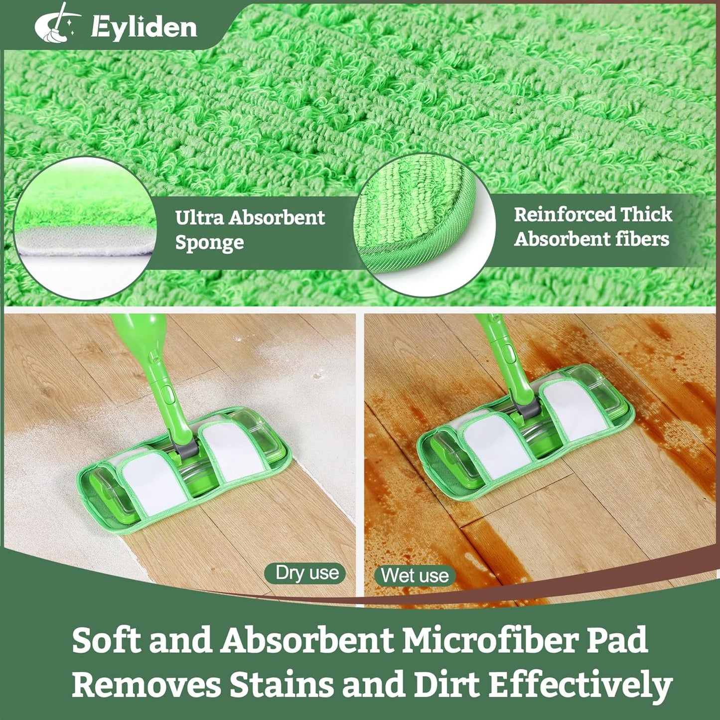 Eyliden Spray Mop - Design for Small Spaces | 12 Disposable Cloths, 1 Reusable Pad, 13 oz Refillable Bottle | Wet Mops for Apartments and Dorms Floors, Lock Tight Design, No Lost Pads - Swivel Head