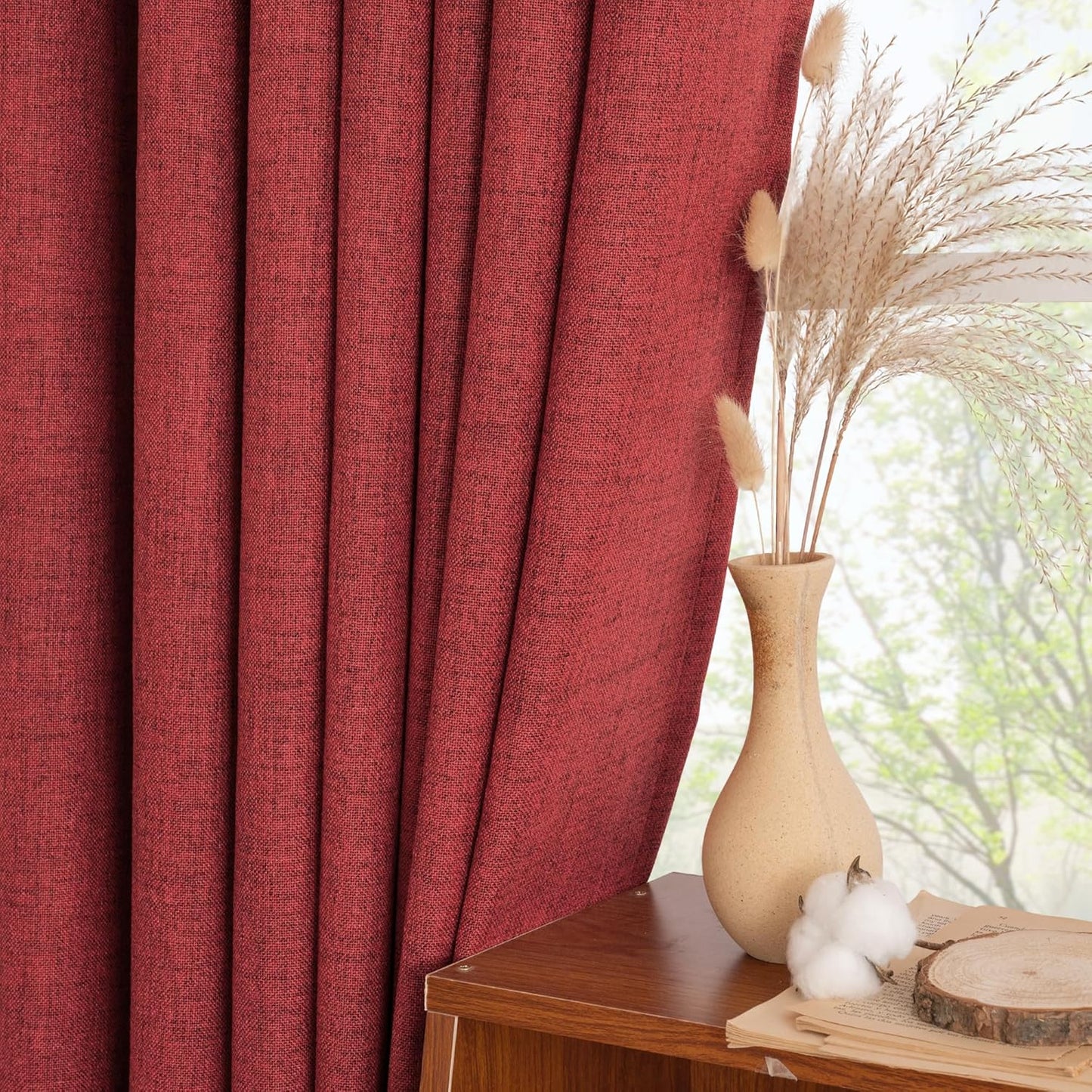 YoungsTex Red Short Linen Curtains 36 Inch Length for Kitchen, Small Window Drapes with Rod Pocket Back Tab Light Filtering Christmas Decor for Bathroom Cafe, 2 Panels, 42 X 36 Inch