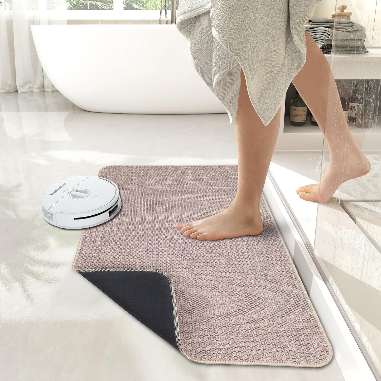 Bath Mat,Ultra Thin Bathroom Runner Rugs,Large Bath Mats for Bathroom,Quick Dry,Non-Slip,Machine Washable,Low Pile,Bath Rug,Shower Outside,Sink,Home Decor Accessories.Beige,1'5"x2'11"（17x35inch）