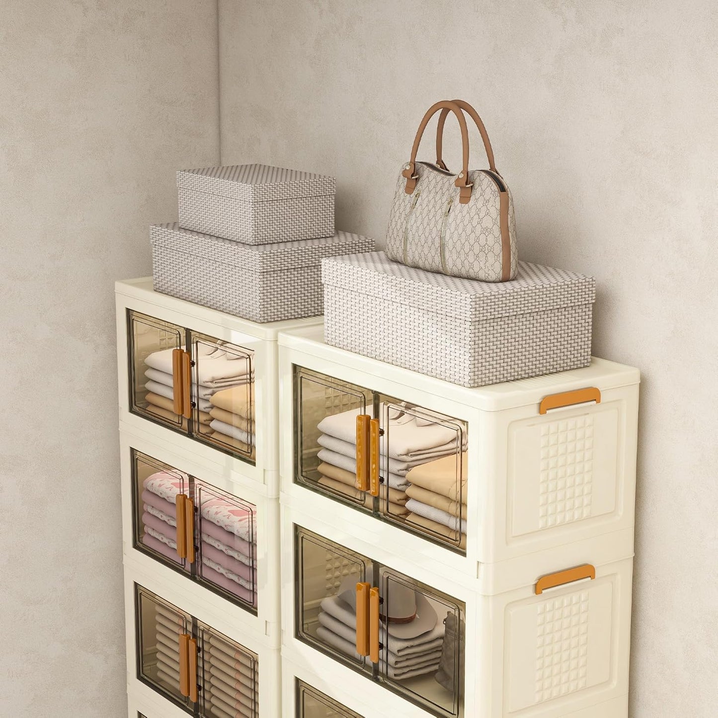Plastic Stackable Storage Bins with Lids and Wheels, Foldable Closet Organizers and Storage Containers for Bathroom, Collapsible Clear Drawer Storage Cabinet with Doors White 11.4Gal 4Tiers