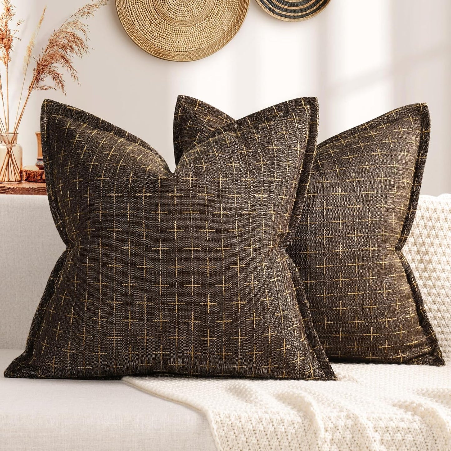 ZWJD Pillow Covers 24x24 Set of 2 Soft Polyester Textured Pillow Covers with Stylish Flange Edge Cozy Farmhouse Throw Pillows for Couch Bed Sofa Living Room