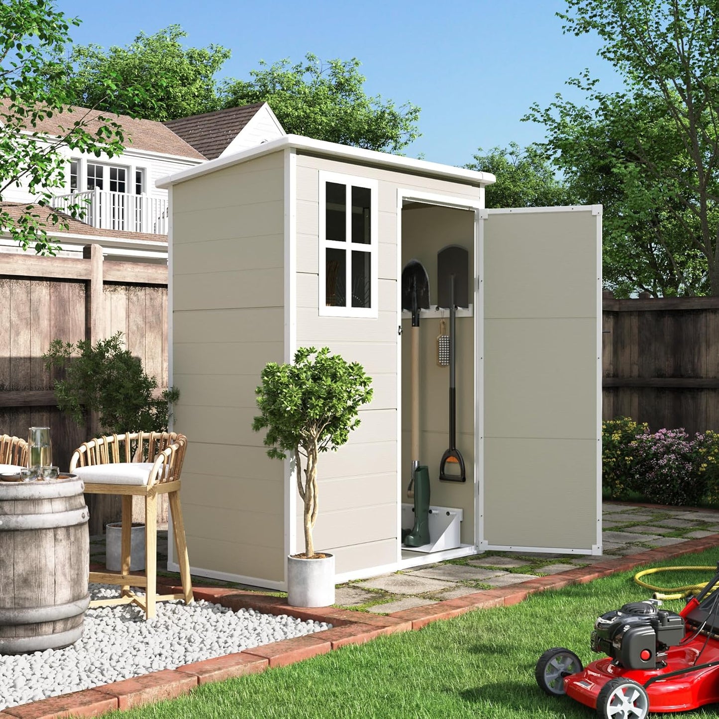UDPATIO Outdoor Storage Shed 5x3 FT, Plastic Garden Shed for Bike, Garbage Can, Tool, Outside Sheds & Outdoor Resin Shed with Lockable Door for Backyard, Patio, Lawn, Sandstone