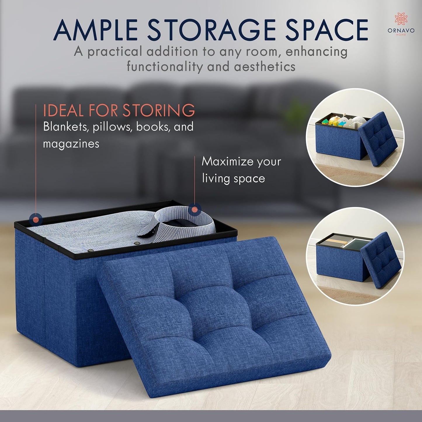 Ornavo Home Small Storage Ottoman Foldable Collapsible Rectangle Linen Ottoman Foot Rest Stool Seat, for Living Room, Bedroom, Home Office, Dorm - 12 x 16 x 12, Navy Blue