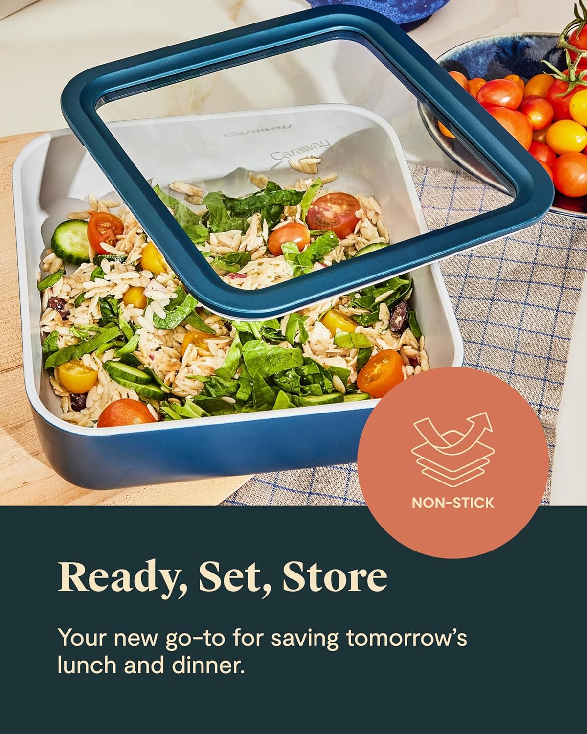 Caraway 6pc Glass Food Storage Set – 10 Cup Food Containers (6) - Ceramic Coated - Non Toxic, Non Stick with Lids - Microwave Safe - Cream