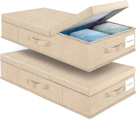 Underbed Storage Containers Bin with Lids (Set of 2) Large Under Bed Storage Organizer Box with Handle, Foldable Under the Storage Bags for Organizing Clothes, Shoes, Blankets, Pillows-Khaki