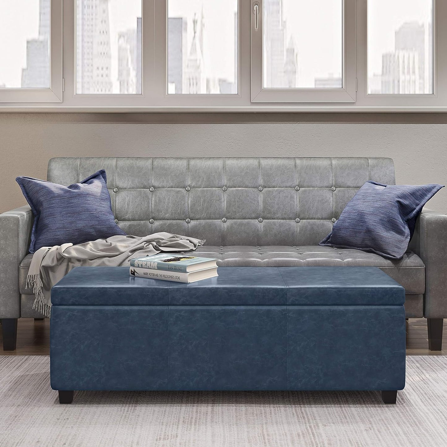 SIMPLIHOME Avalon 48 inch Wide Contemporary Rectangle Storage Ottoman Bench in Denim Blue Vegan Faux Leather, Assembled, For the Living Room, Entryway and Family Room