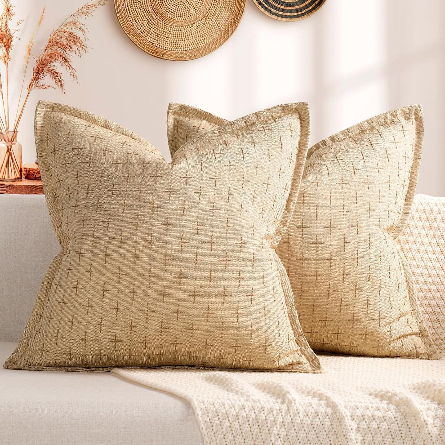 ZWJD Pillow Covers 16x16 Set of 2 Soft Polyester Textured Pillow Covers with Stylish Flange Edge Cozy Farmhouse Throw Pillows for Couch Bed Sofa Living Room
