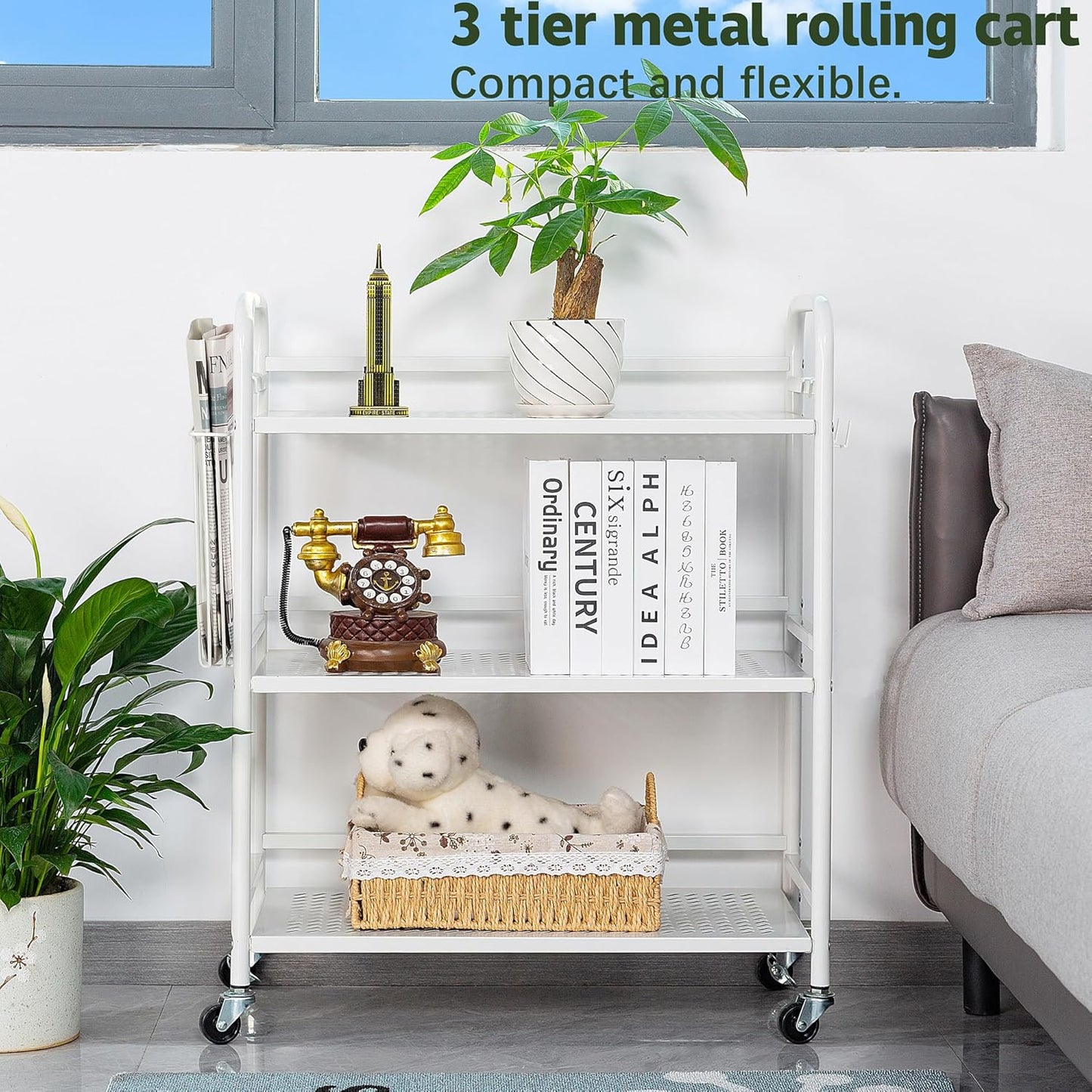 HDANI 3 Tier Metal Mesh Utility Cart,Large Capacity Multipurpose Heavy Vehicle,Rolling Trolley with to Hooks and One Basket(White)